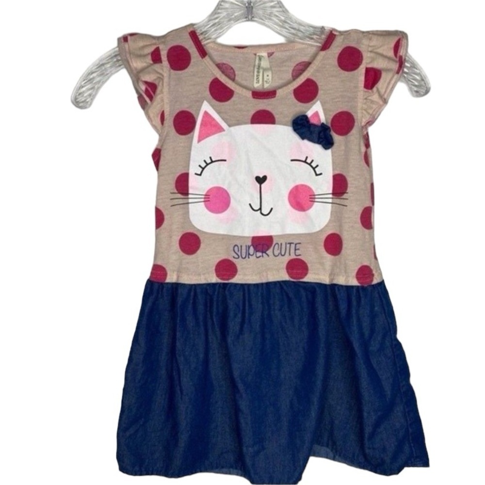 5/$15 Love At First Sight Pink Blue Polka Dot Cat Face Ruffle Dress M 7/8